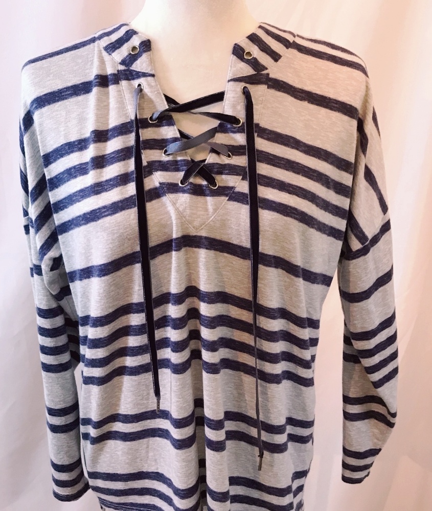 Jaclyn Blue Gray Stripe Soft Criss Cross Front